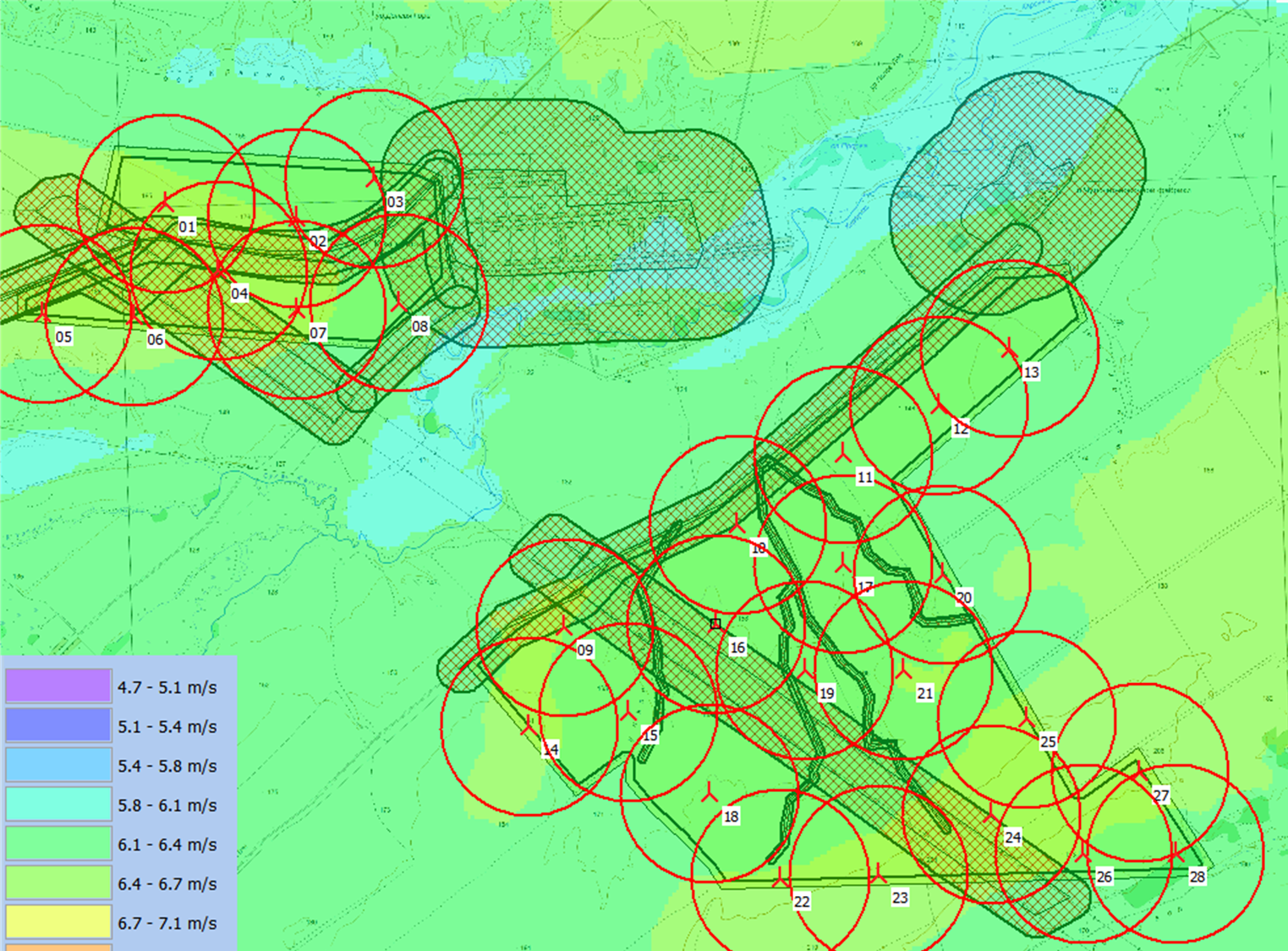 WindPRO micro-siting layout — 28 turbine positions placed over a mean-wind-speed resource map with infrastructure and constraint overlays